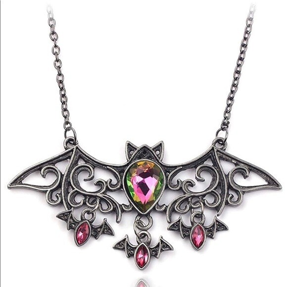 Gothic Bat Pendant Necklace, Mother with Baby Bats, Halloween Vampire, Crystals