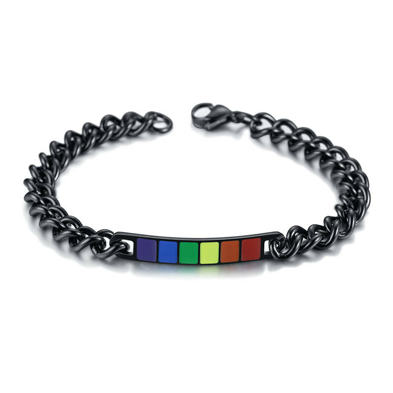 Black Stainless Steel Enamel Rainbow Biker Chain Bracelet LGBT Pride 8.7 inch