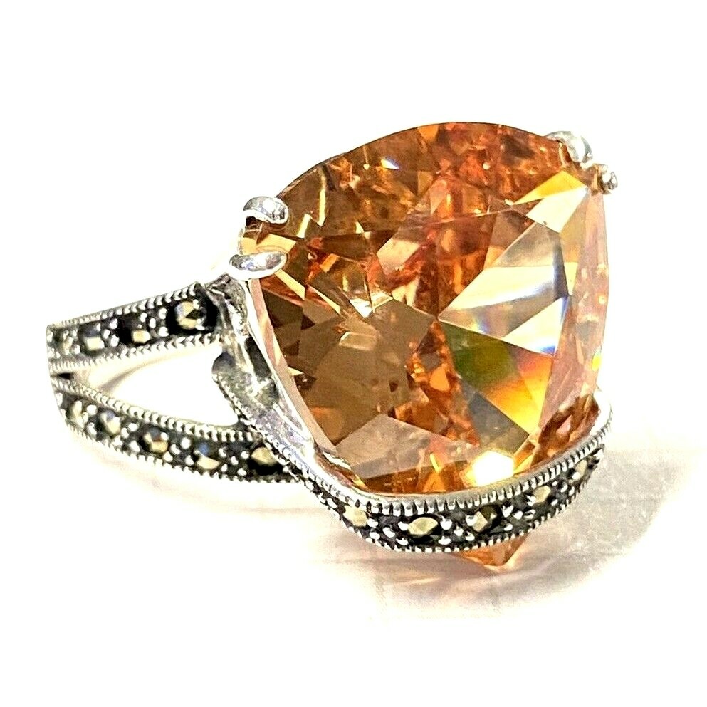 (SIZE 6,7,8,9) HUGE Amber Orange CZ Stone RING Marcasite .925 STERLING SILVER