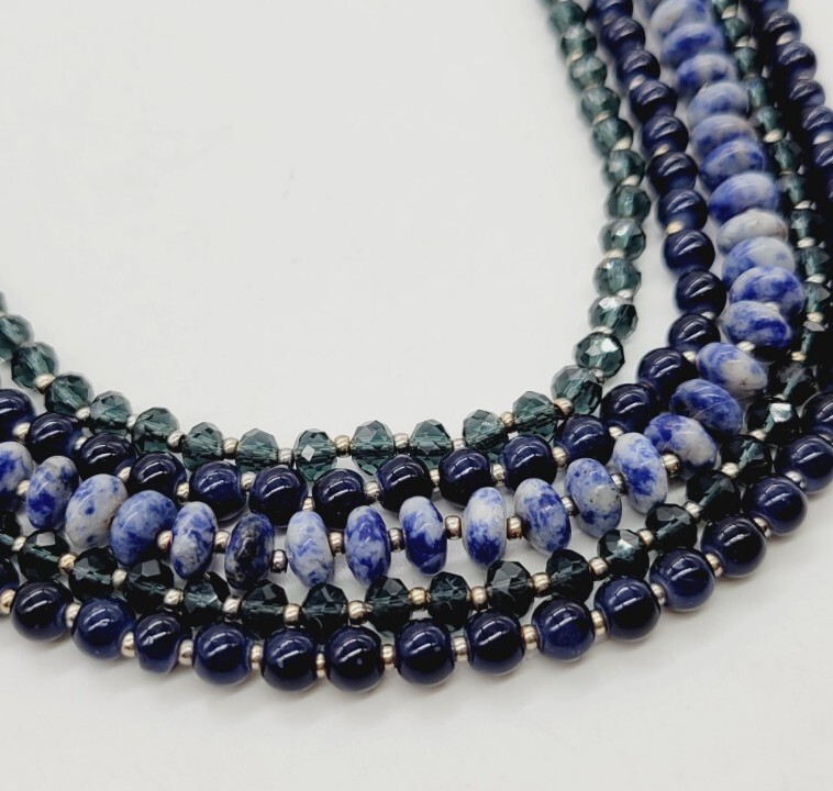 Loft Necklace Beaded Multicolored Layered 5 row 21 in Blue White Gold tone