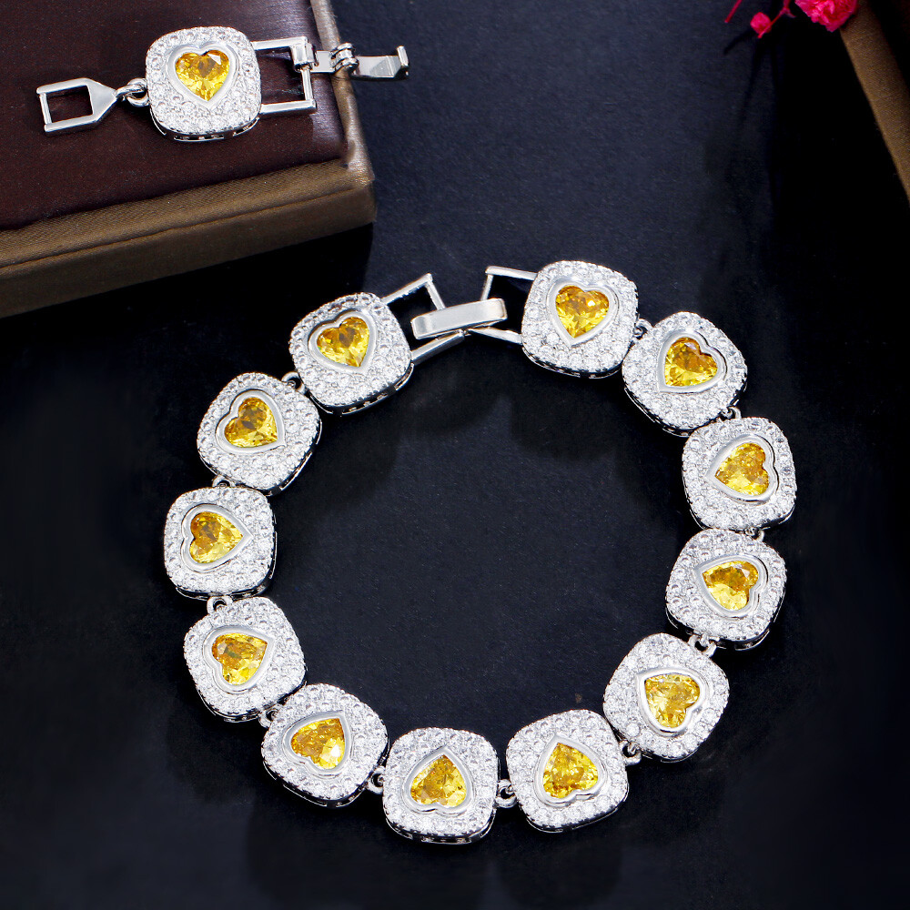 Women Lovely Silver Plated Pink Heart Cubic Zirconia Big Tennis Bracelet Wedding