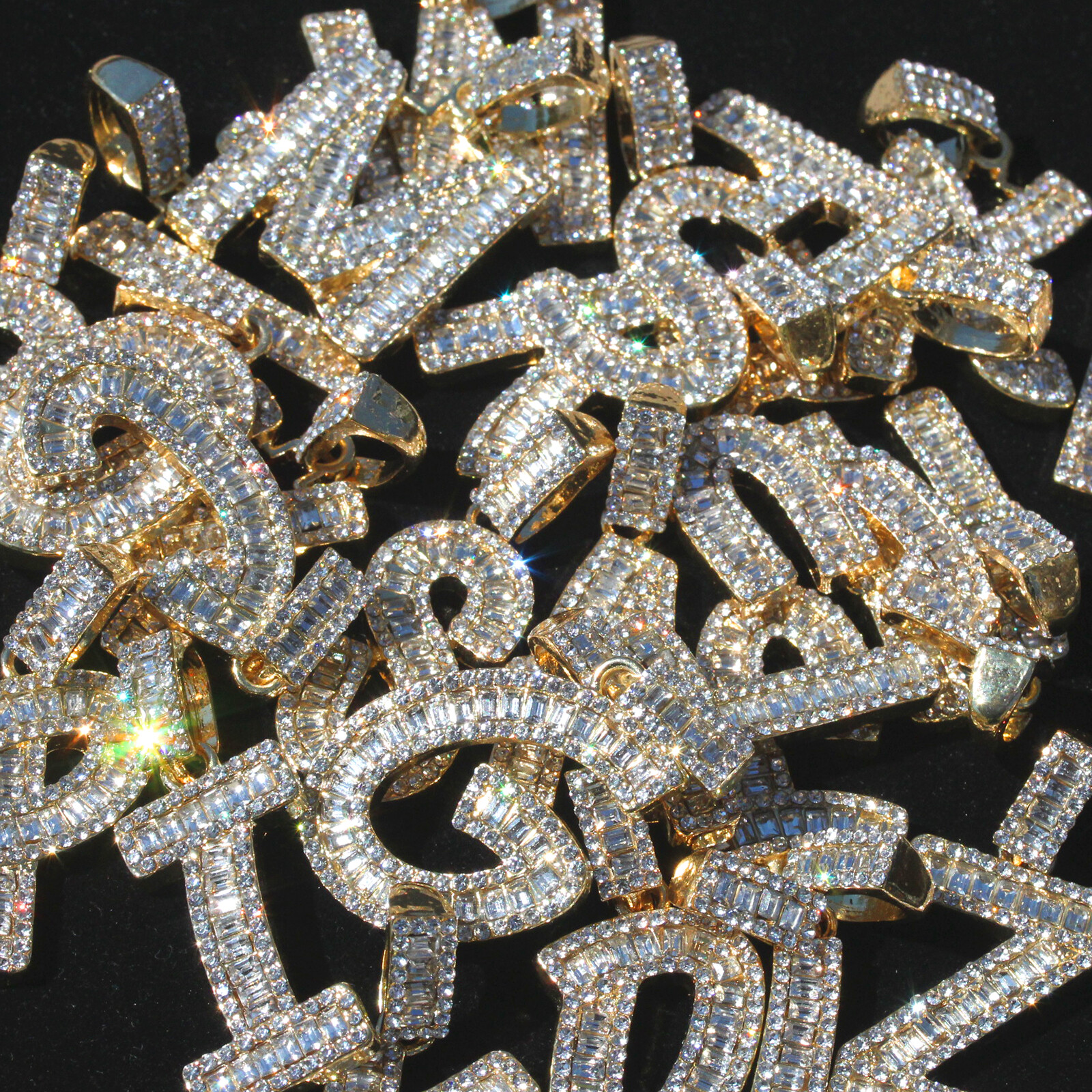 Initial Alphabet Pendant Cubic Zirconia 20″ Figaro Chain 14k gold Plated Hip Hop