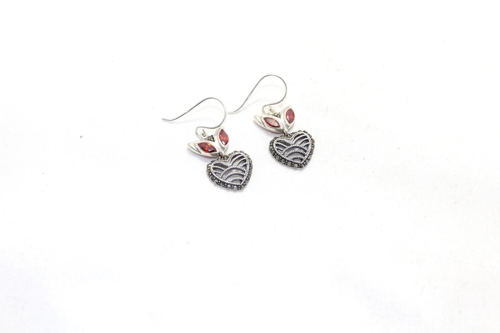 925 Sterling Silver Marcasite &Zircon Stone Handmad Designer Heart Earrings