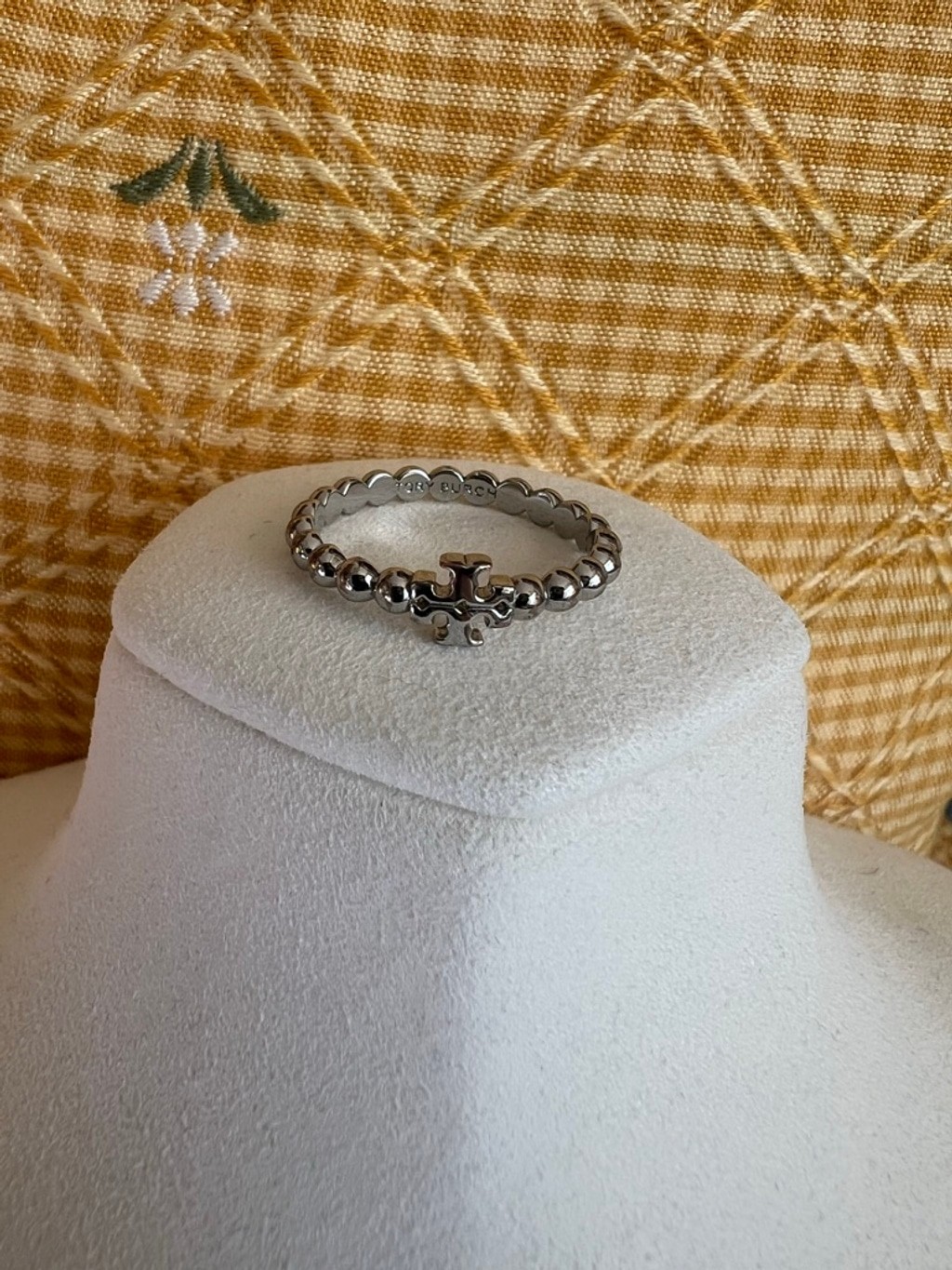 NWOB Tory Burch Silver Beaded Logo Ring 9