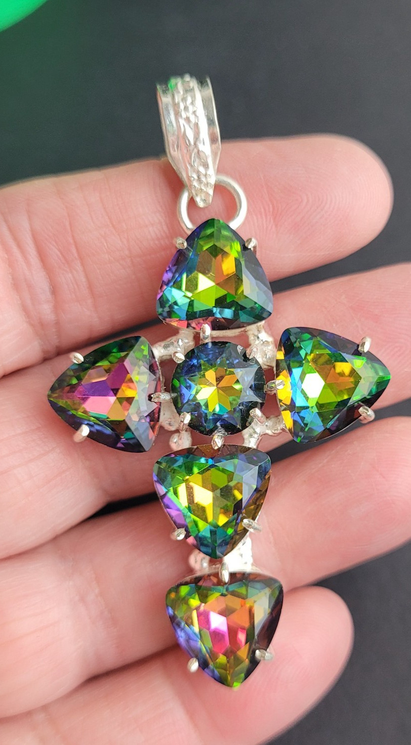 Silver Tone Watermelon Rhinestone Cross Pendant