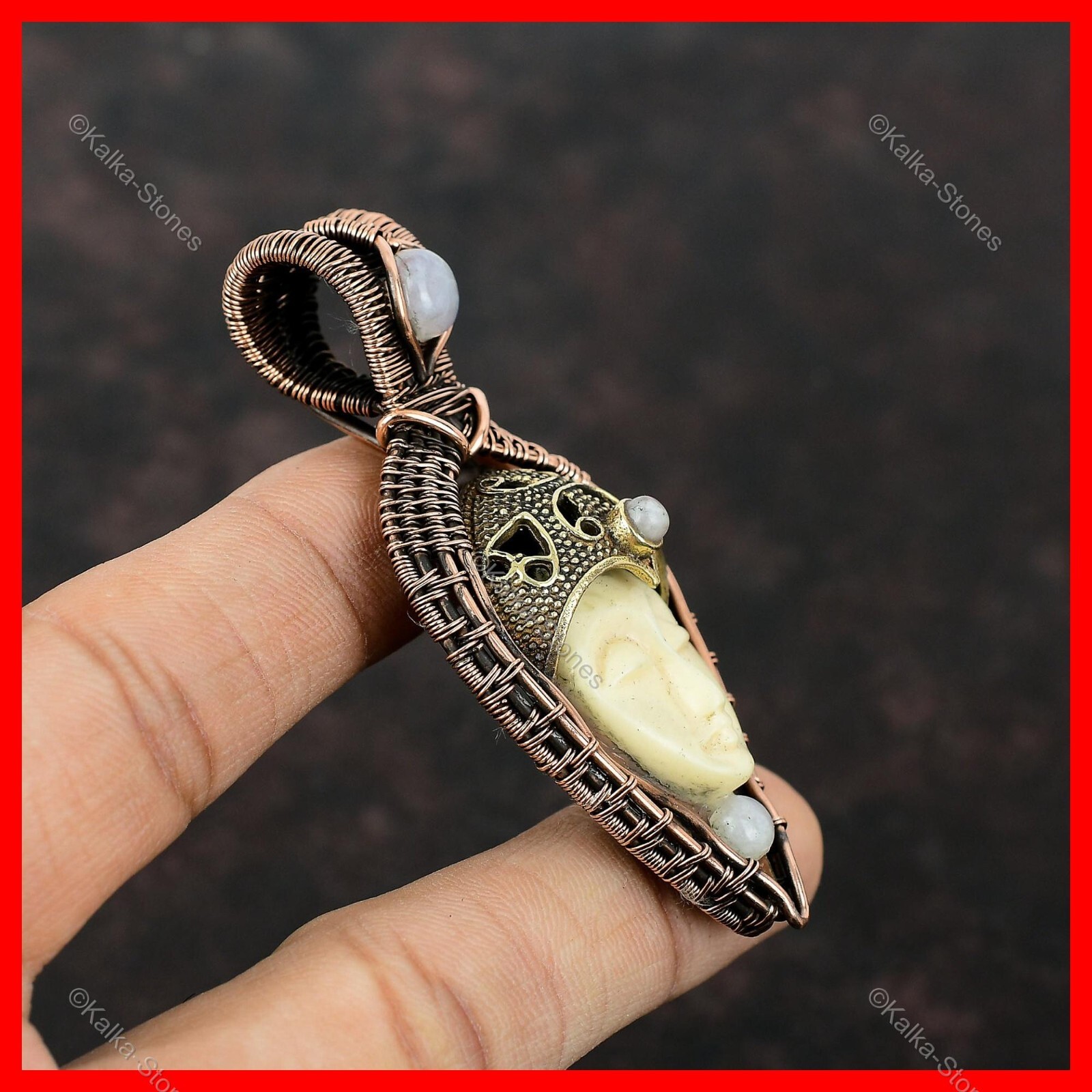 Copper Oval White Carved Face Stone Rainbow Moonstone New Wire Wrapped Pendant