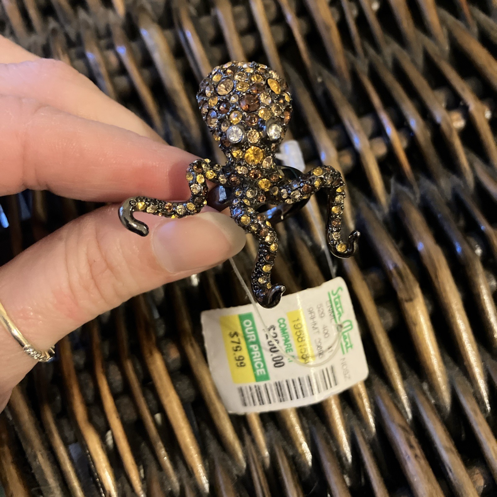 NEW Kenneth Jay Lane KJL Gunmetal Yellow Pave CZ Pacific Octopus Ring ~ Size 6.5