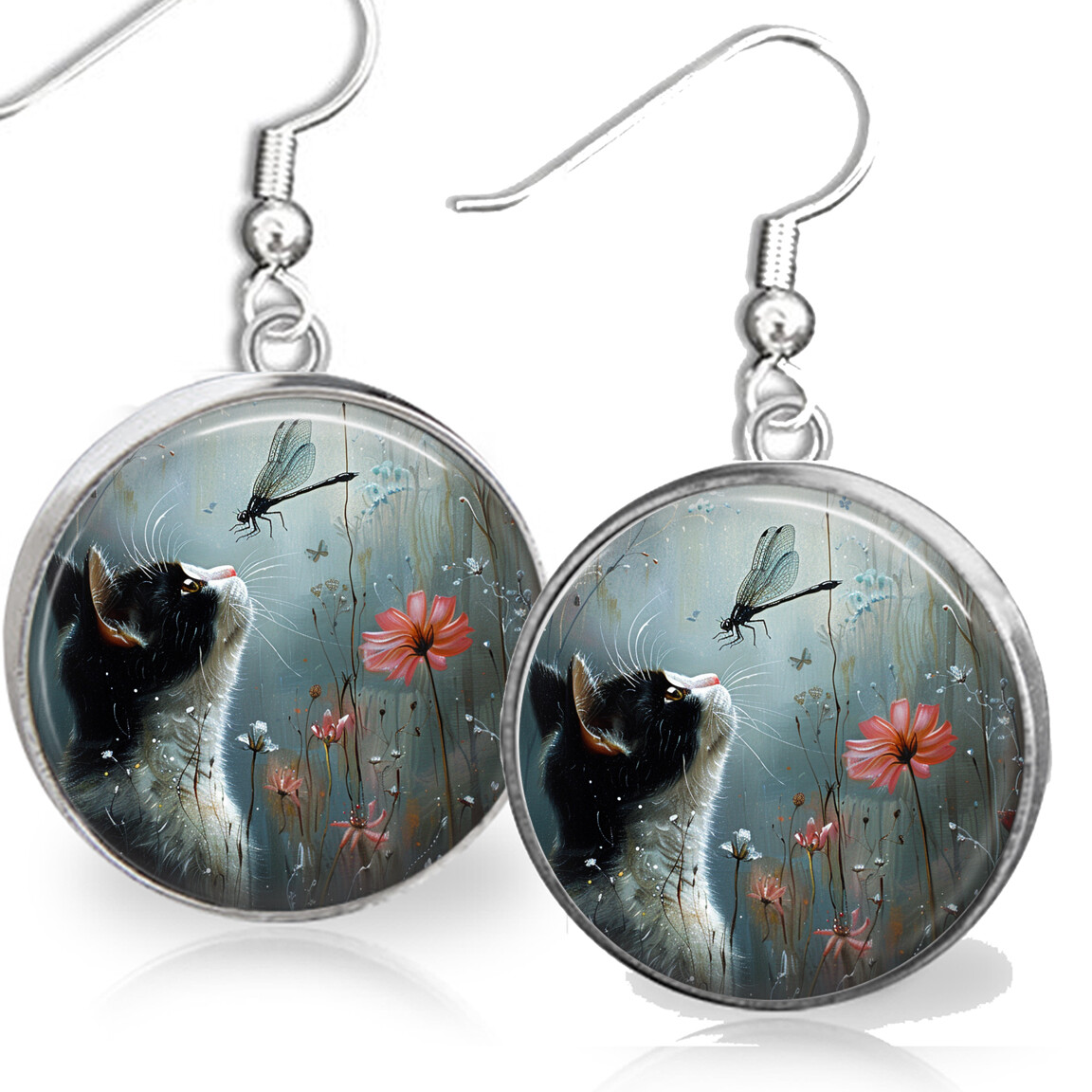 Tuxedo Cat & Dragonfly Earrings Dreamy Watercolor Art Print Cat Mom Jewelry Gift