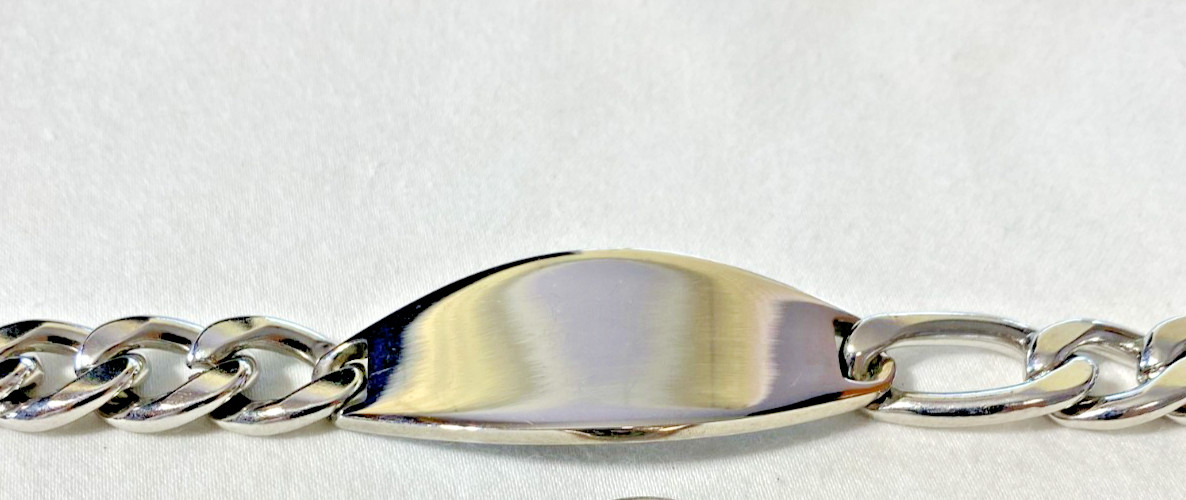 316L Stainless Steel Silver Tone Figaro ID Bracelet 18 mm x 9″ Engraveable NOS
