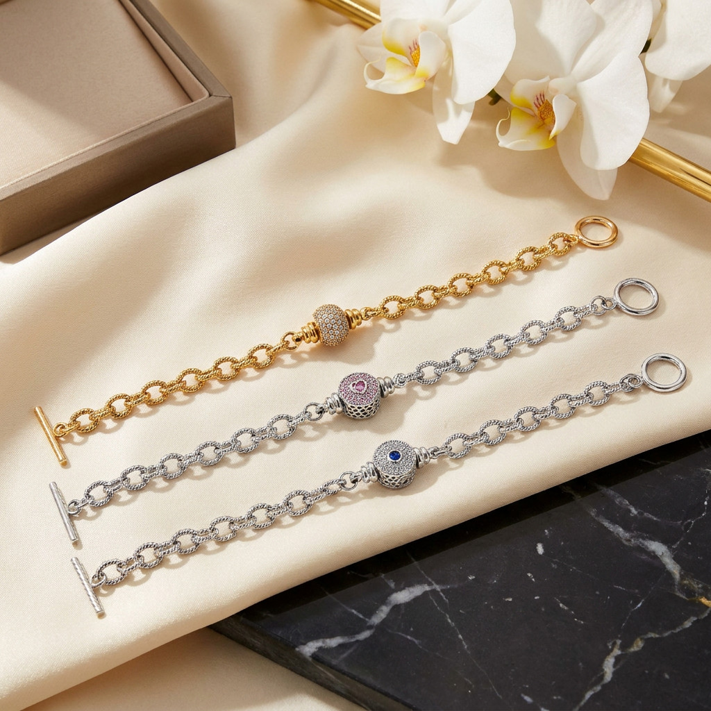 Textured Chain Bracelet for European Charms, Dangles & Lockets