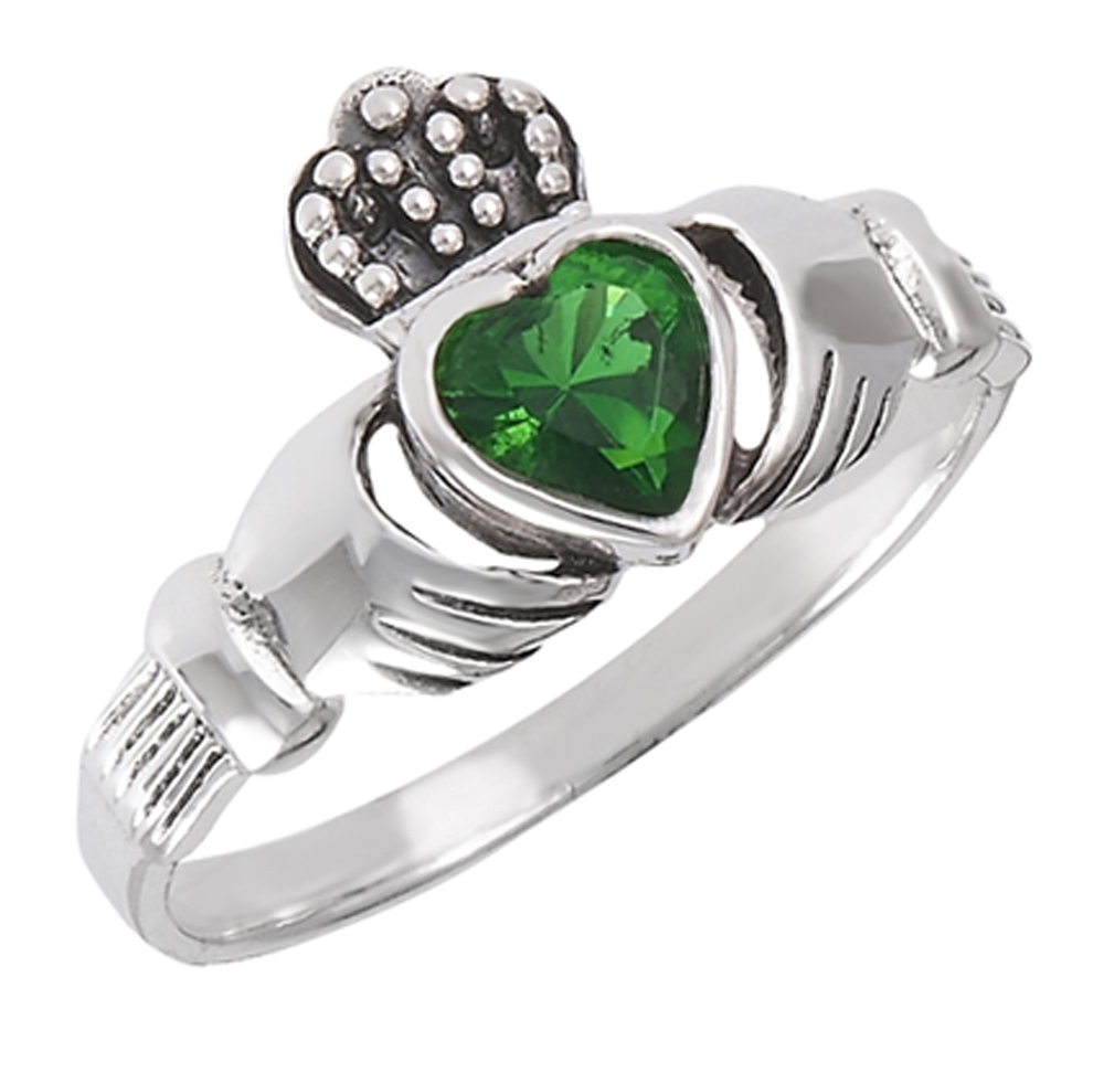 Sterling Silver Claddagh Ring with Simulated Emerald Size 6, 7, 8, 9