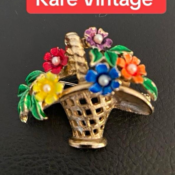 St. Labre Signed Enamel Metal Flower Basket Brooch Pin Gold Multicolor 1.5in