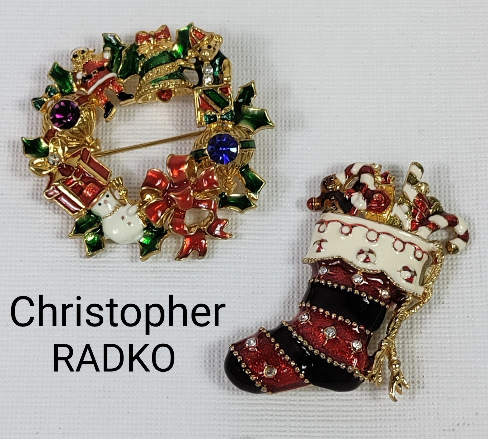 Lot Of 2 Enameled Christopher Radko Christmas Pins Wreath & Stocking
