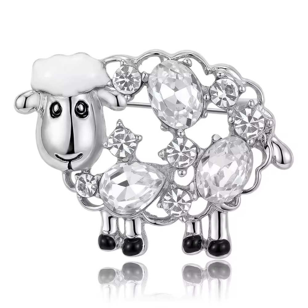 Crystal Minimalist Sheep Brooch Pin Silver Tone Rhinestone Animal Jewelry Gift