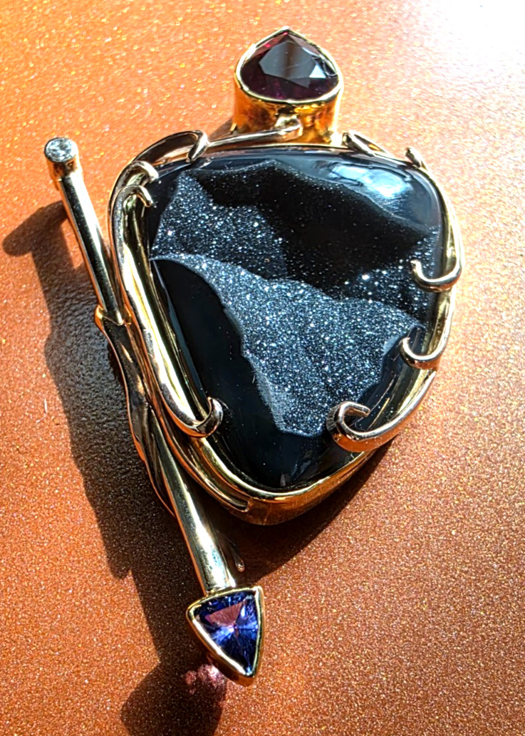 Custom Award-Winning Solid 3 Color Gold Black Drusy , Tour, Tanz, Dia, Pin 14KT.
