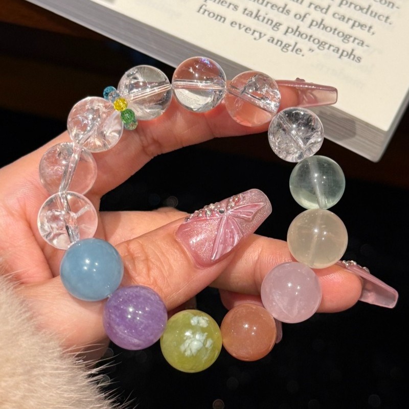 14mm Natural Rainbow multi-gemstone crystal, aquamarine, white crystal bracelet