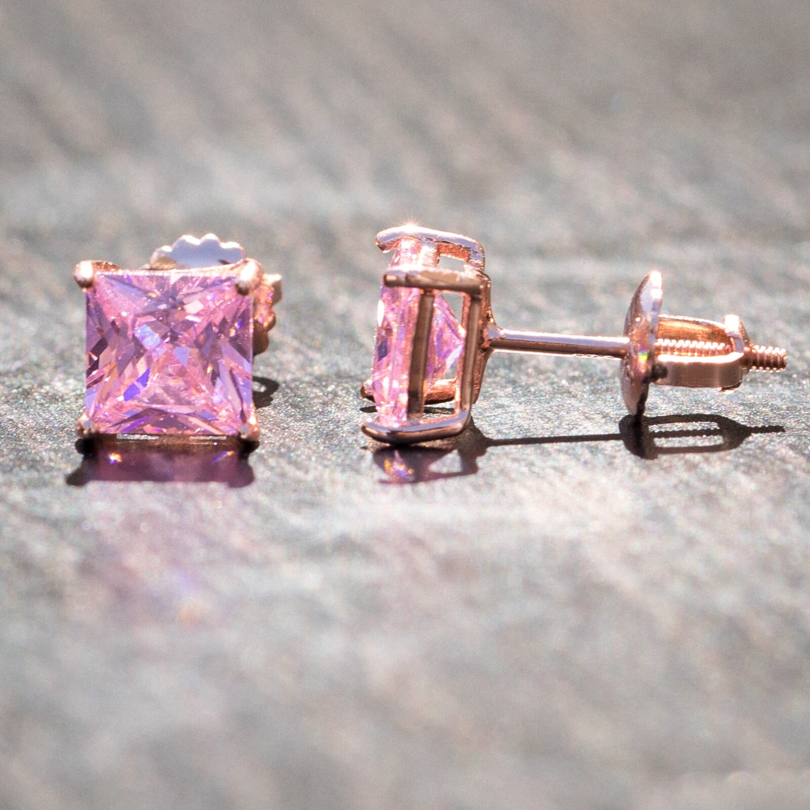 Women’s Rose Gold Plated Princess Cut Sterling Silver Cz Pink Stud Earrings
