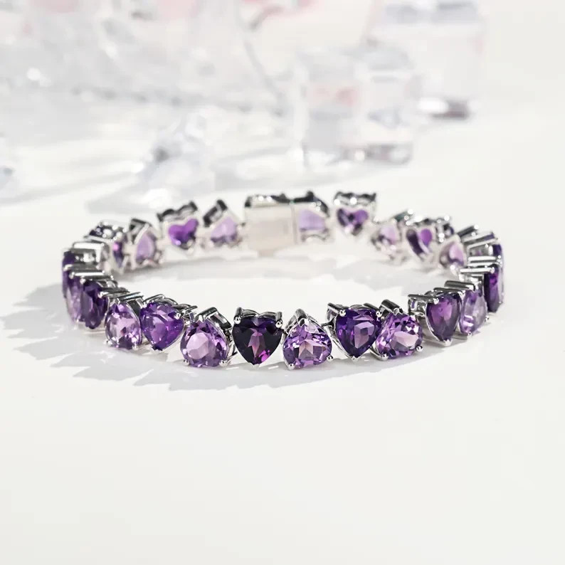 8.70 Ct Heart Cut Simulated Amethyst Women Tennis Bracelet 14K White Gold Plated