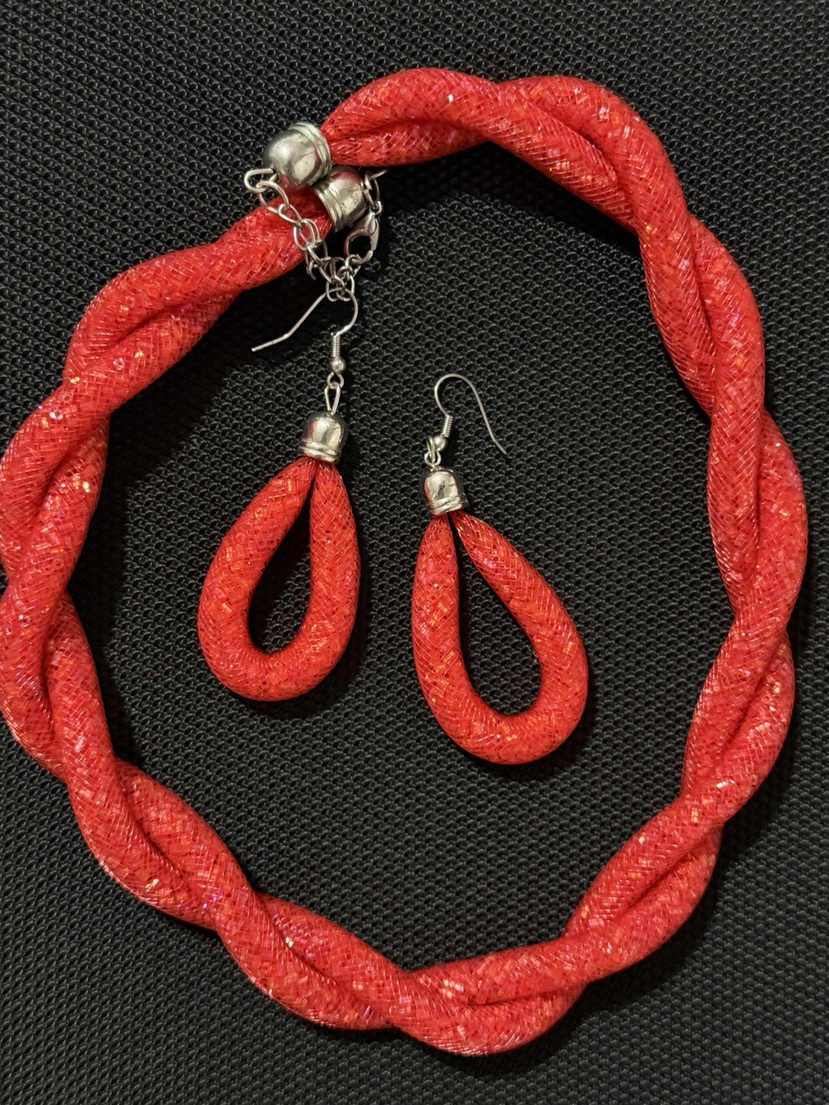 Twisted Red Fabric Jewelry Set Necklace & Drop Earrings Silver Tone