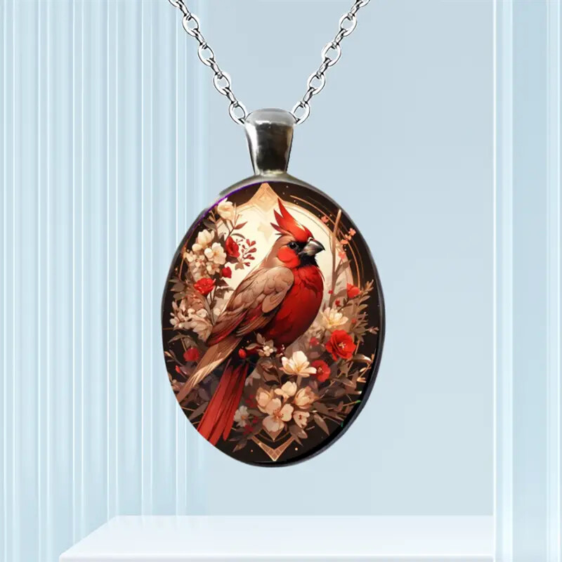 Red Bird Cardinal Oval Pendant Necklace Gift For Friends and Family Gifts