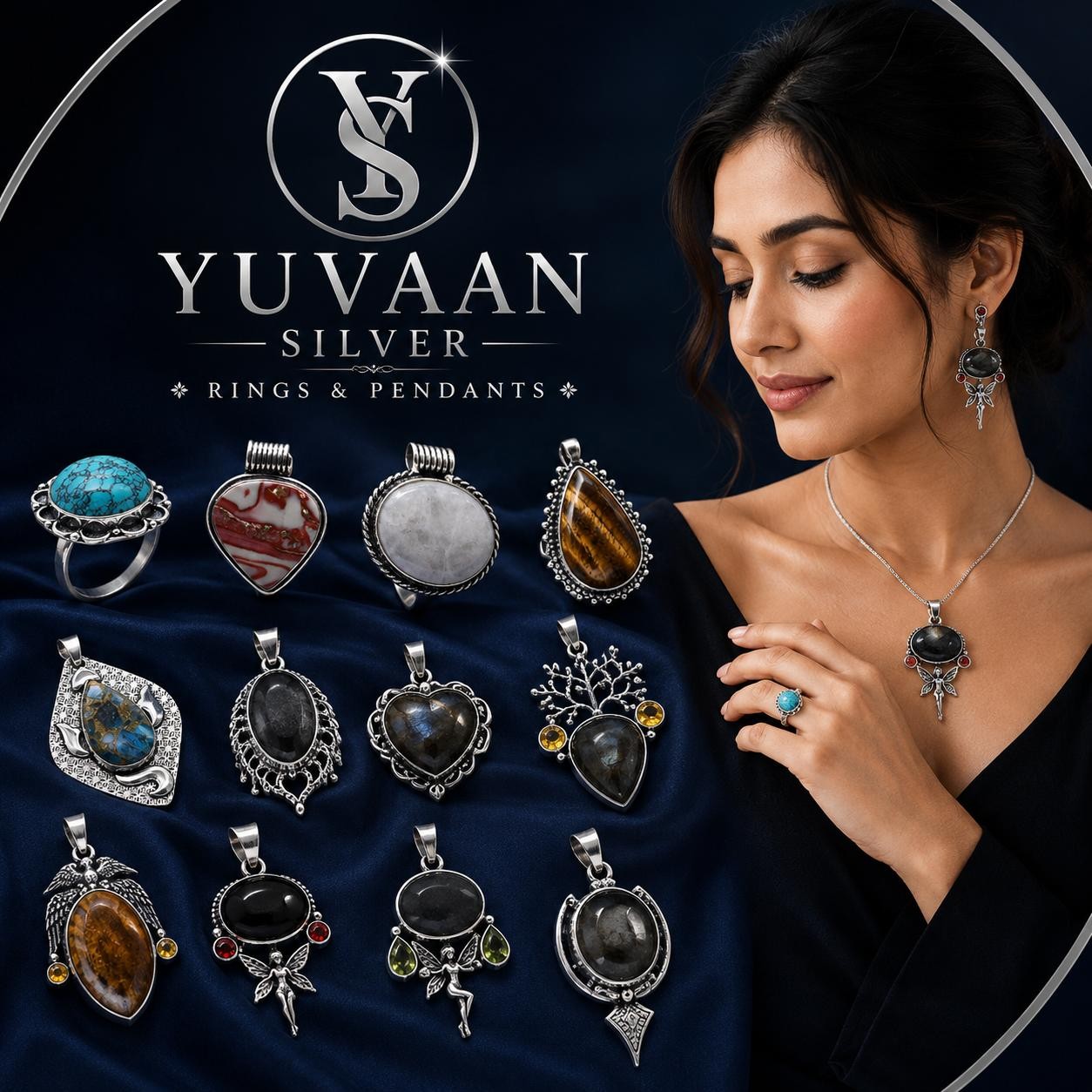 5 PCS Mix Gemstones Ethnic Handmade Pendant Silver Plated Mix Lot PP 63
