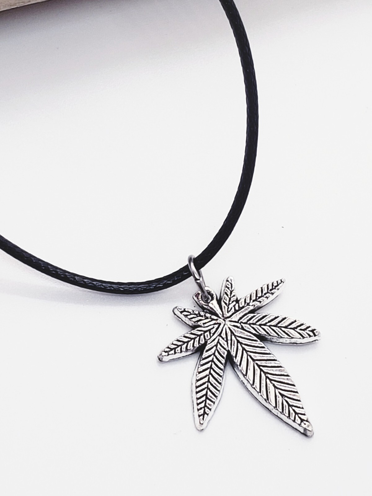 Marijuana Necklace Silver Cannabis Weed Marijuana Leaf Pendant on Black Cord