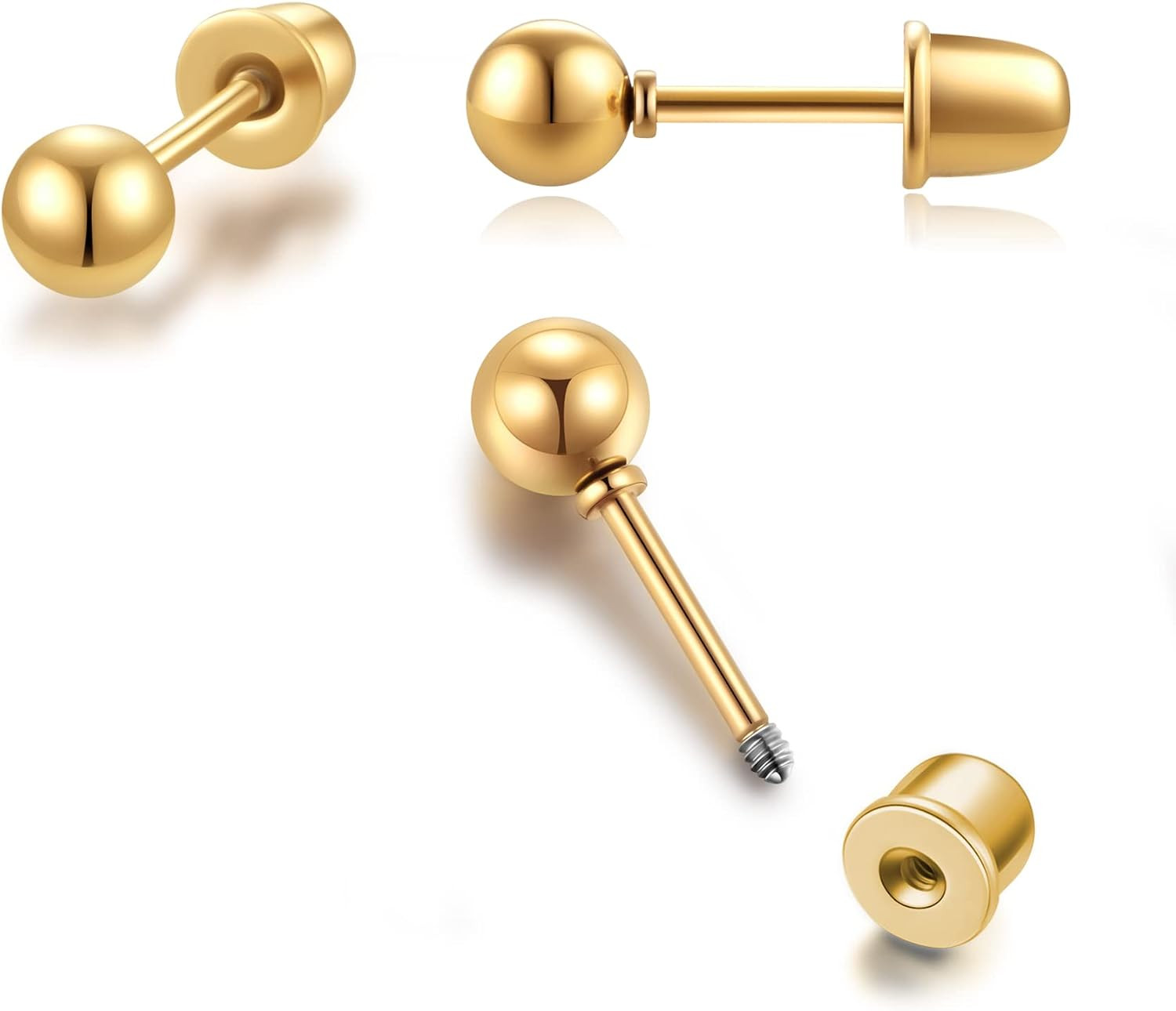 Flat Screw Back Ball Stud Earrings for Women Girls,2Mm 3Mm 4Mm 5Mm 6Mm Ball Earr