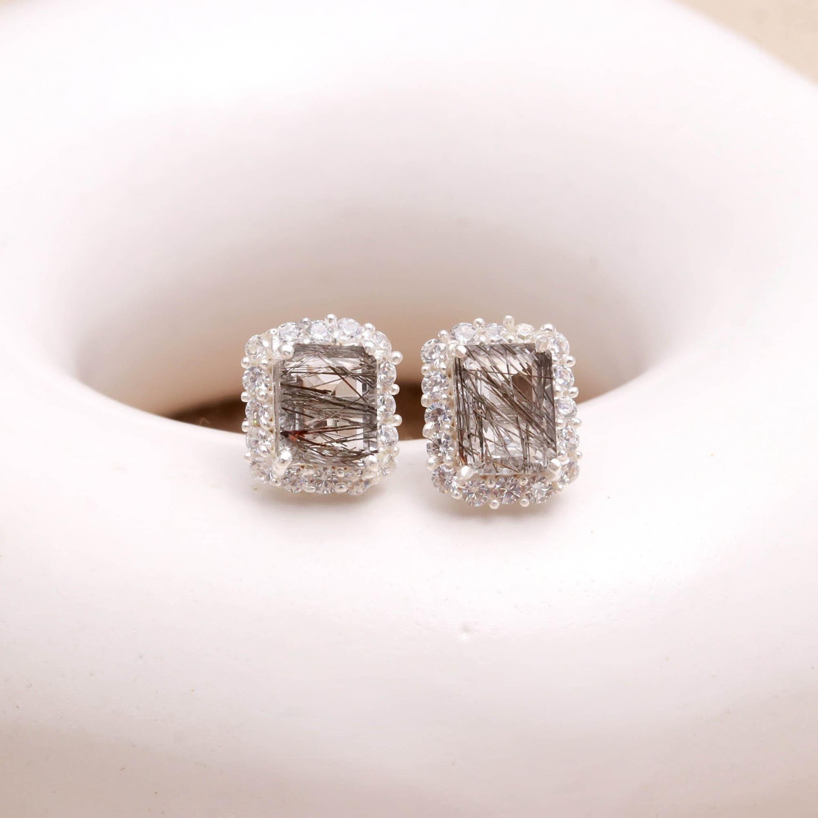 Natural Black Rutile Octagon Stud Earring 925 Sterling Silver Moissanite Jewelry
