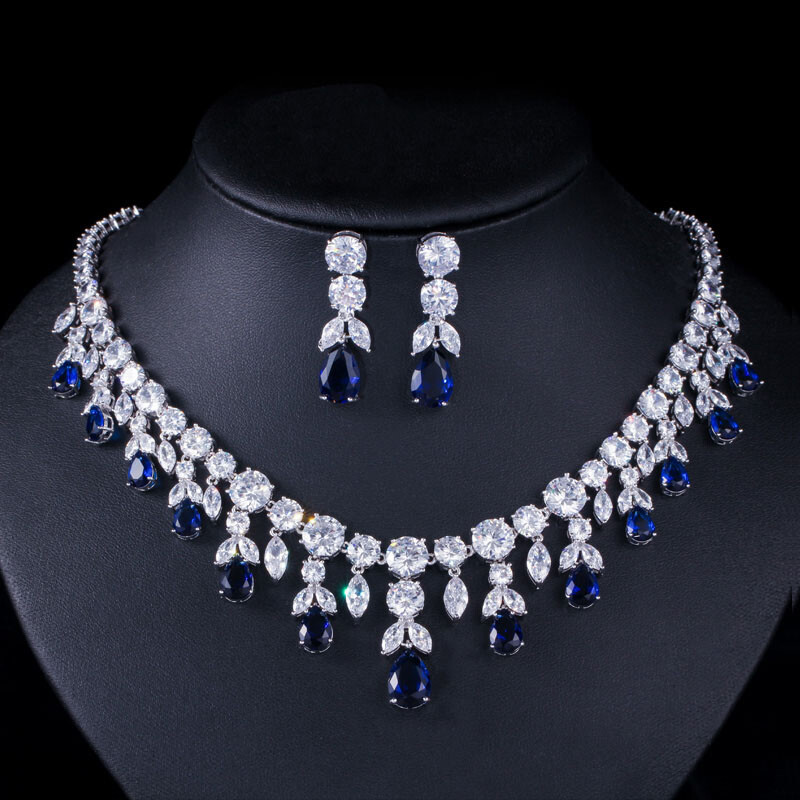 CWWZircons CZ Big Dangle Drop Bridal Wedding White Necklace Earrings Jewelry Set