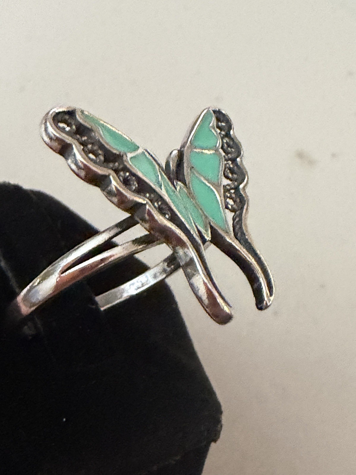 Butterfly Ring Band Oxidized Simulated Turquoise CZ 925 Sterling Silver