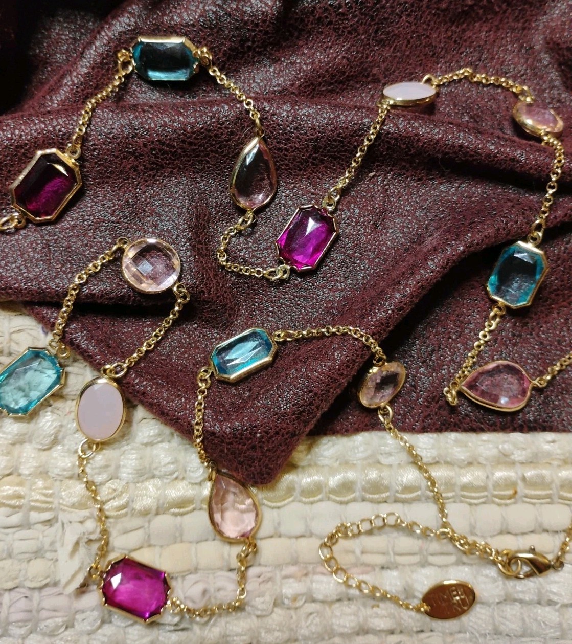 TIME and TRU 34″+ Long Bezel Set Acrylic, Glass, Stone Gems Gold Tone Necklace!