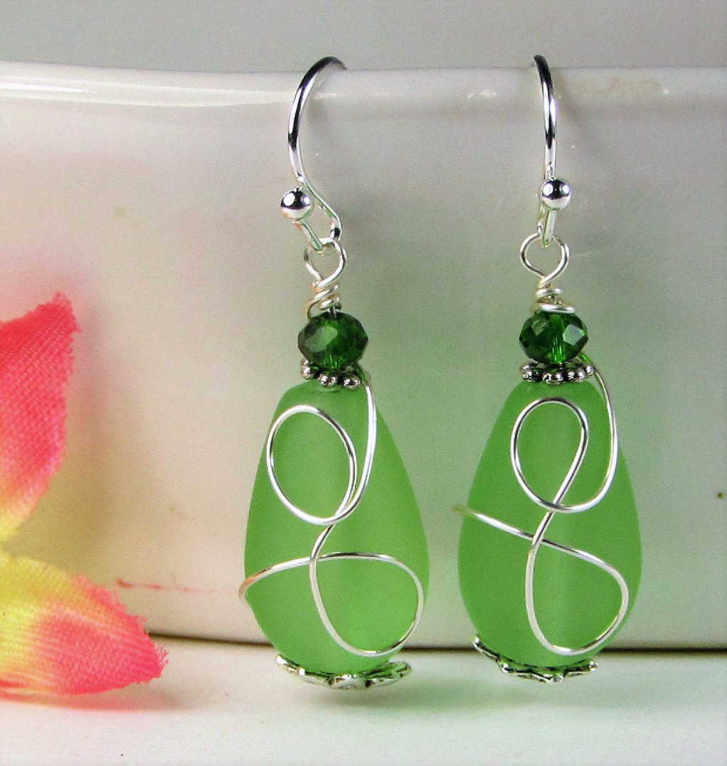 Teardrop-Shaped Frosted Sea Glass Dangle Earrings, Beach Fashion, Sea Jewelry