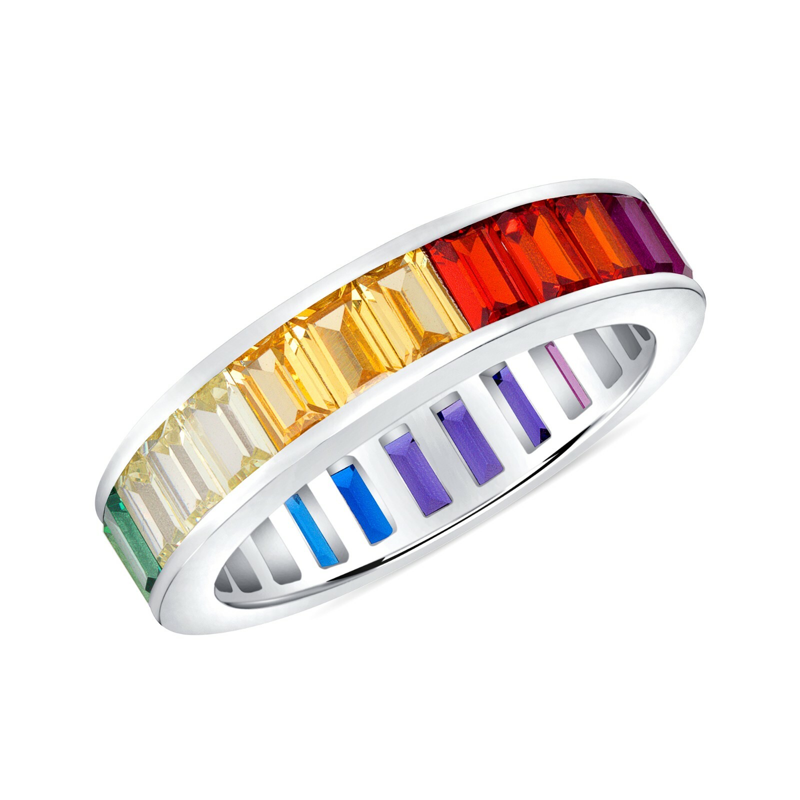 925 Sterling Silver Rainbow MultiColor Baguette Cz Eternity Promise Wedding Band