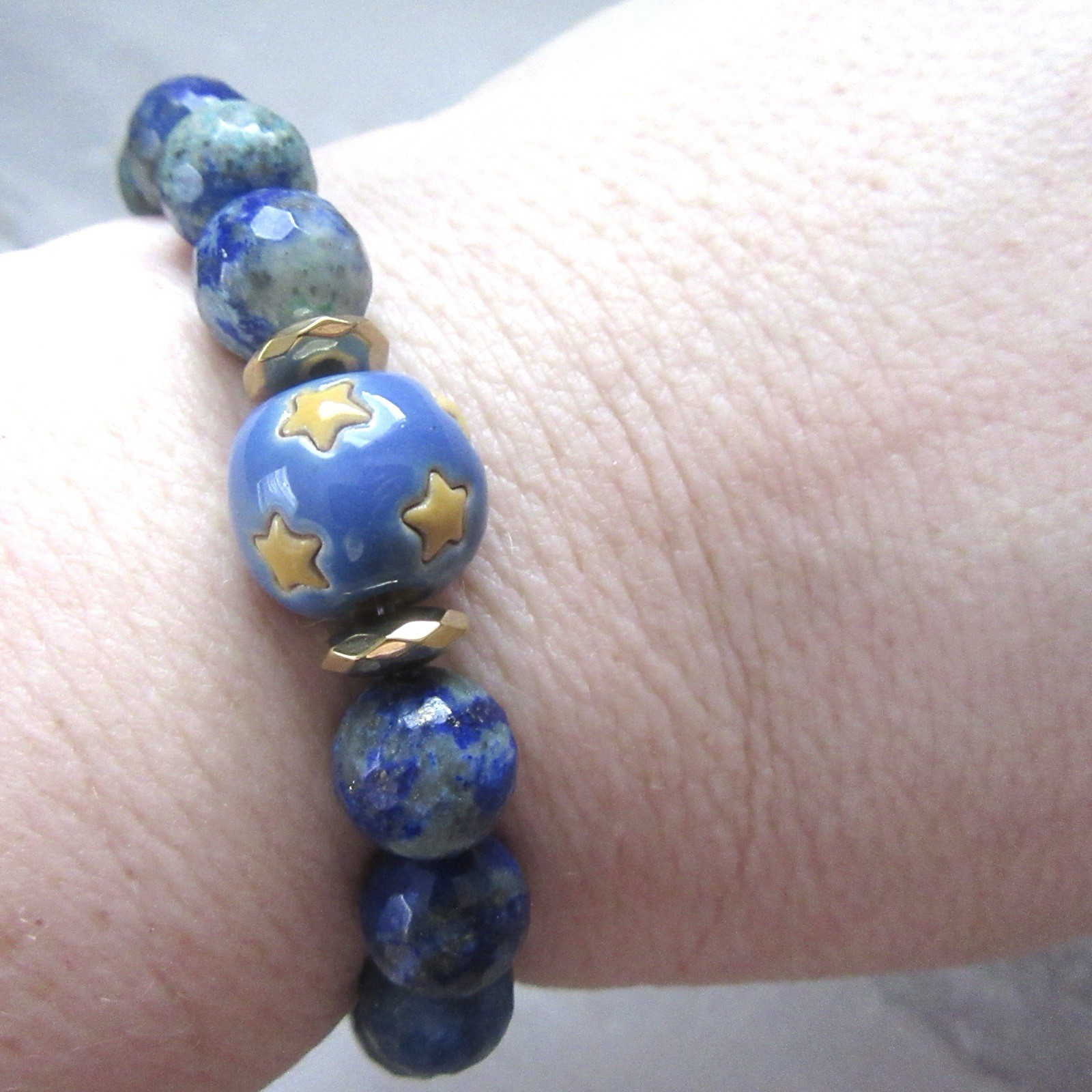 Ceramic Star Ball Stretch Bracelet with Lapis Beads & Moon Quote Charm