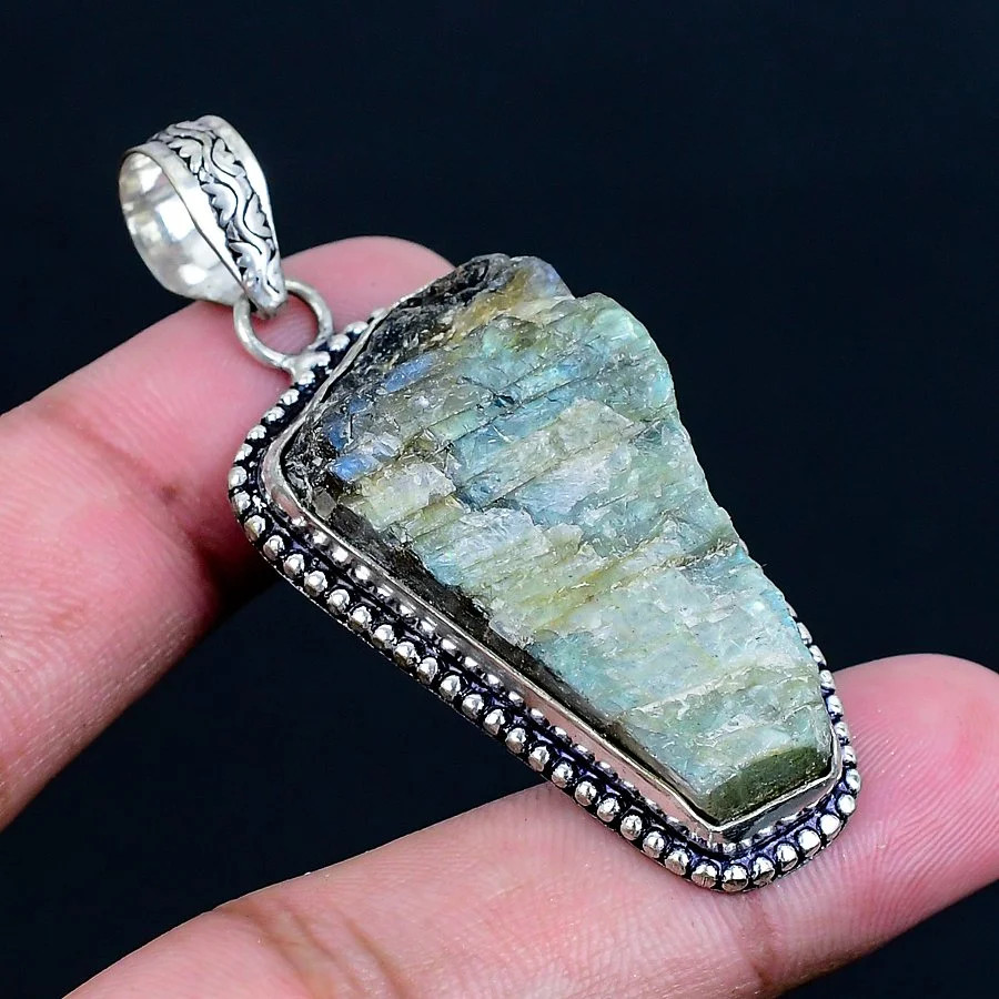 Labradorite Rough 925 Silver Plated Handmade Pendant of 2.17″