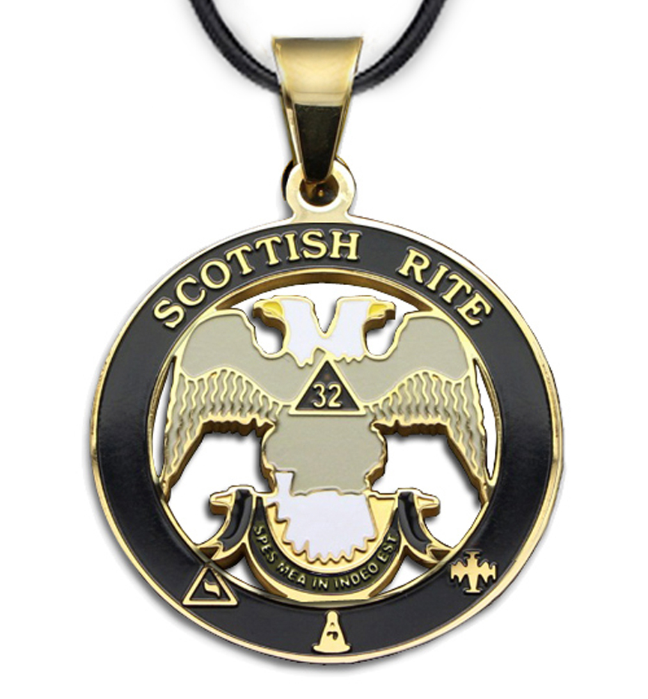 Scottish Rite 32nd Degree Gold Tone Steel Masonic Freemason Pendant & Necklace