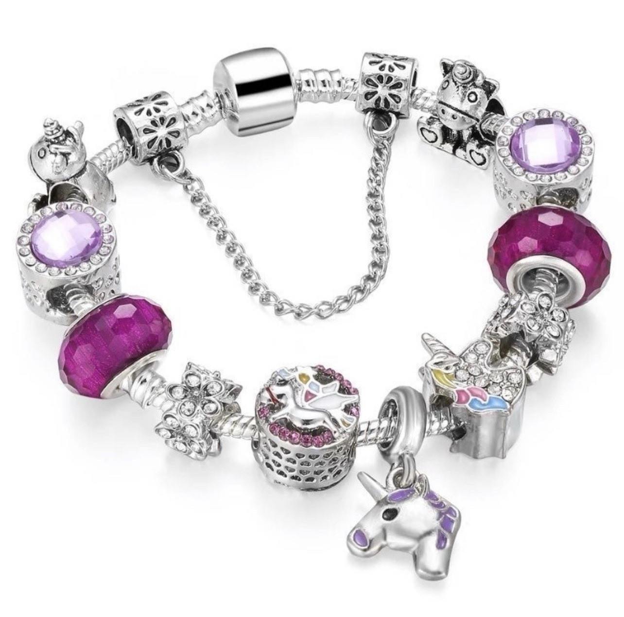 Purple Beaded Charm Bracelet Adjustable Snake Chain Unicorn Dangle Fantasy