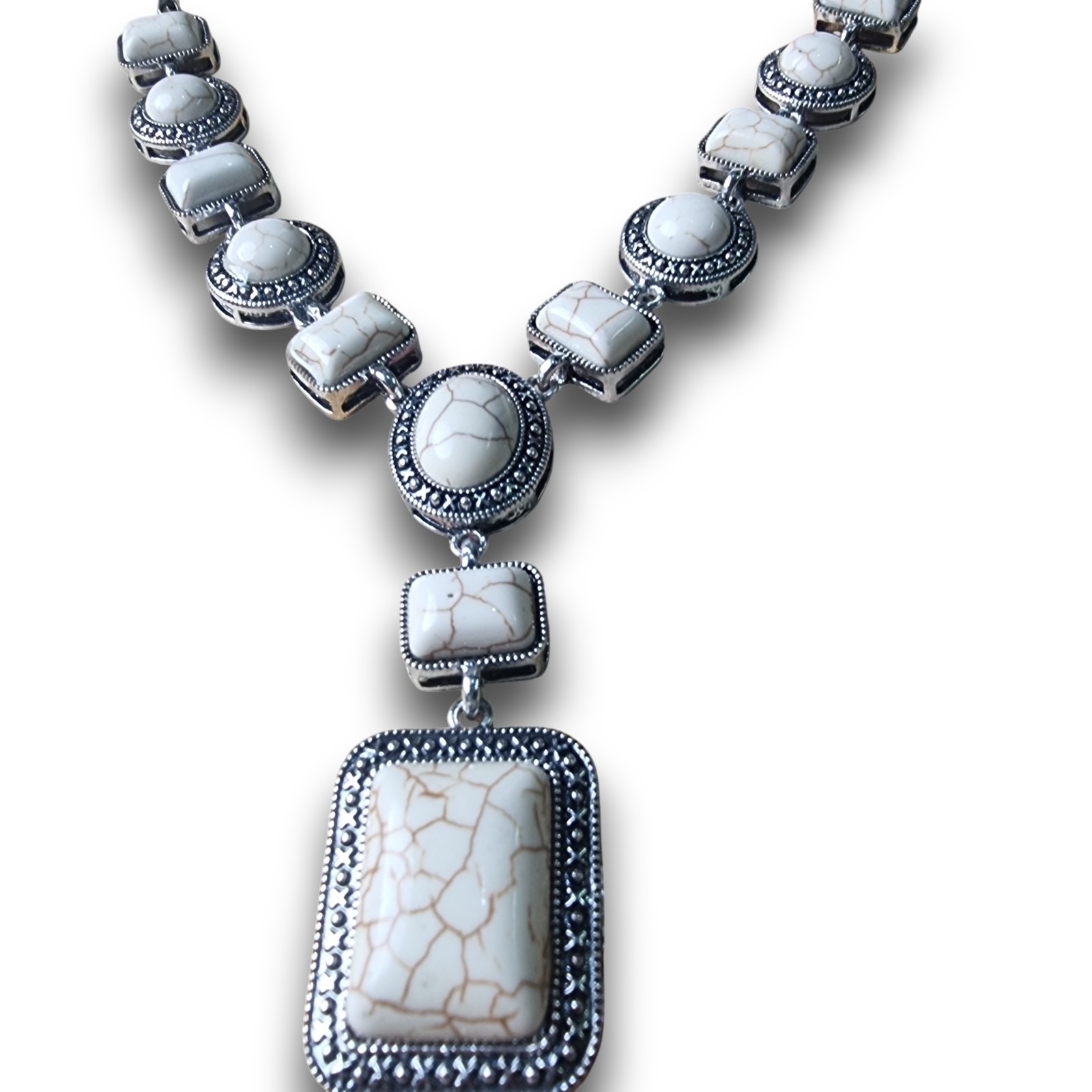 Boho White Ivory Statement Necklace Silver Tone Western Drop Bib Jewelry Gift