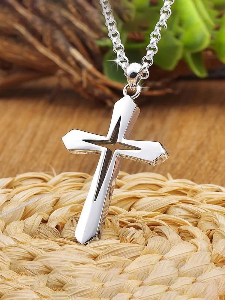 Cross inside a cross pendant necklace silver plated over stainless steel