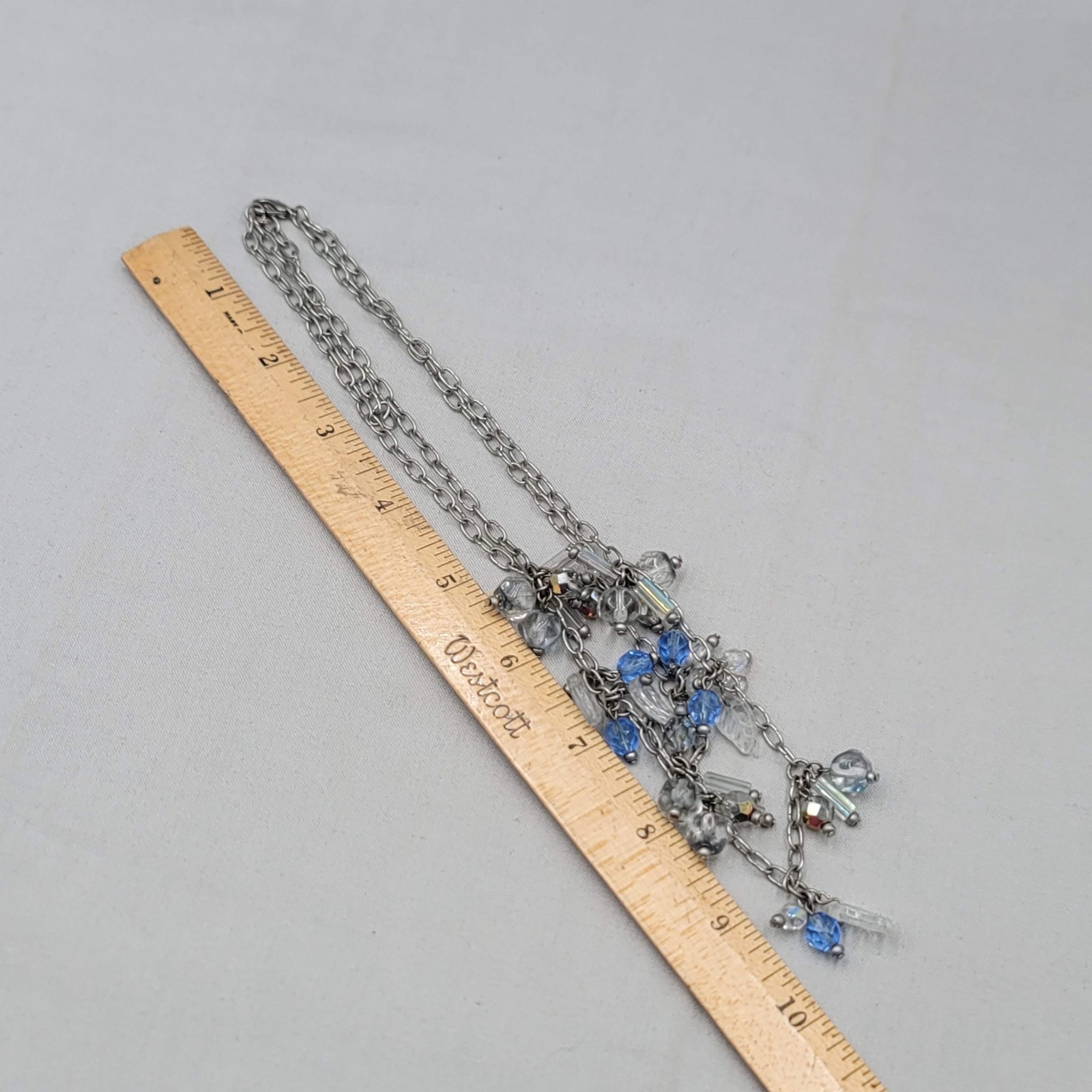 Blue & Clear Glass Bead Necklace Silver tone Triple Chain Layered 18″ adjustable