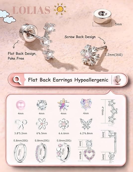 Flat Back Earrings Set Gift for Best Friend Surgical Steel Cartilage Stud Hoop