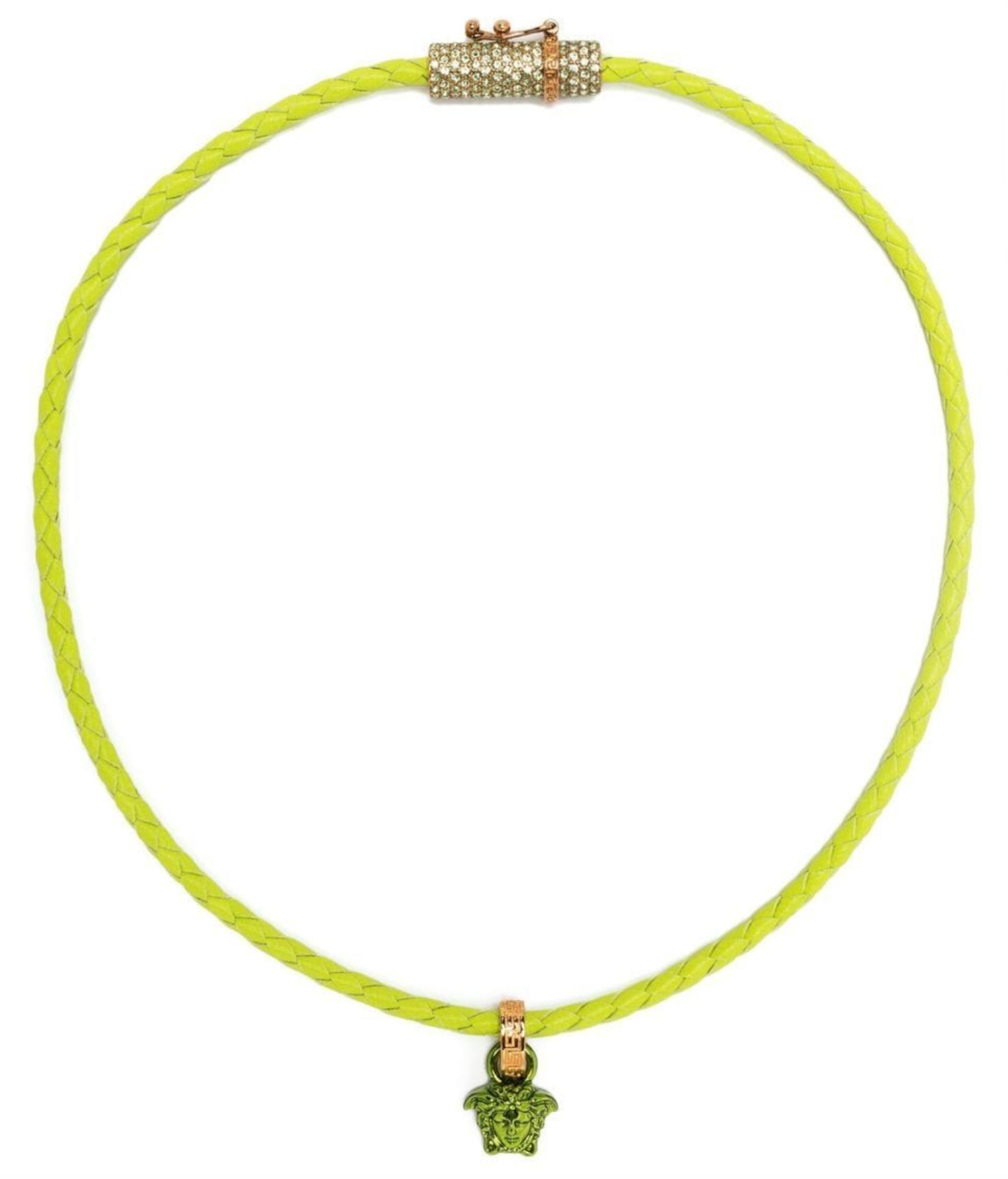 NIB Versace Medusa Logo Lime Green Drop Charm Woven Leather Choker Necklace $695