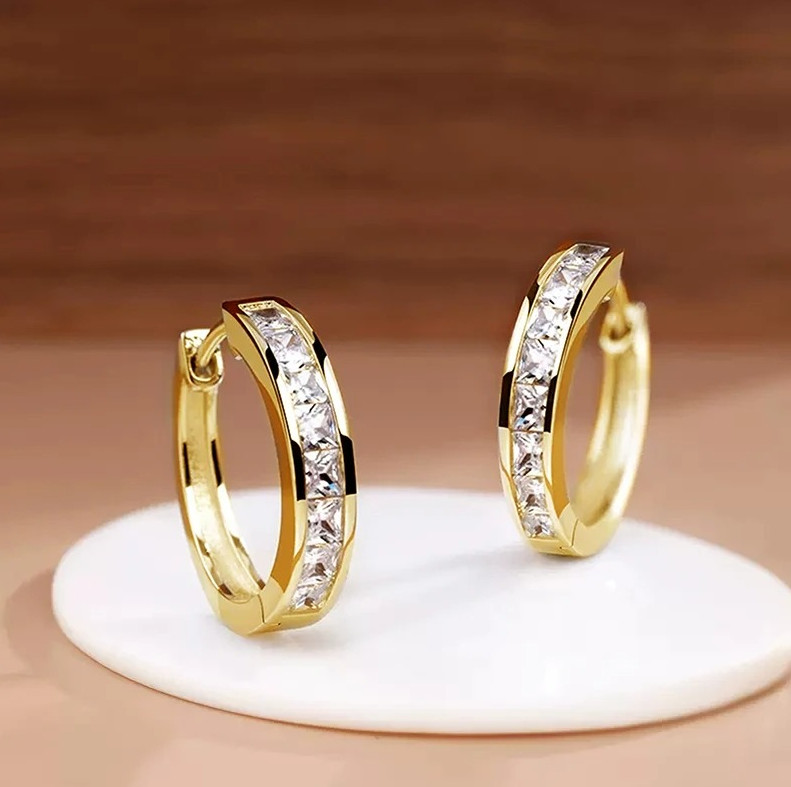 1Pair Princess CZ Hoop Earrings Elegant Women Geometric Jewelry – NEW