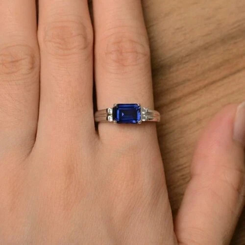 1.75Ct Emerald Cut Blue Sapphire Engagement Band Ring 14k White Gold Plated