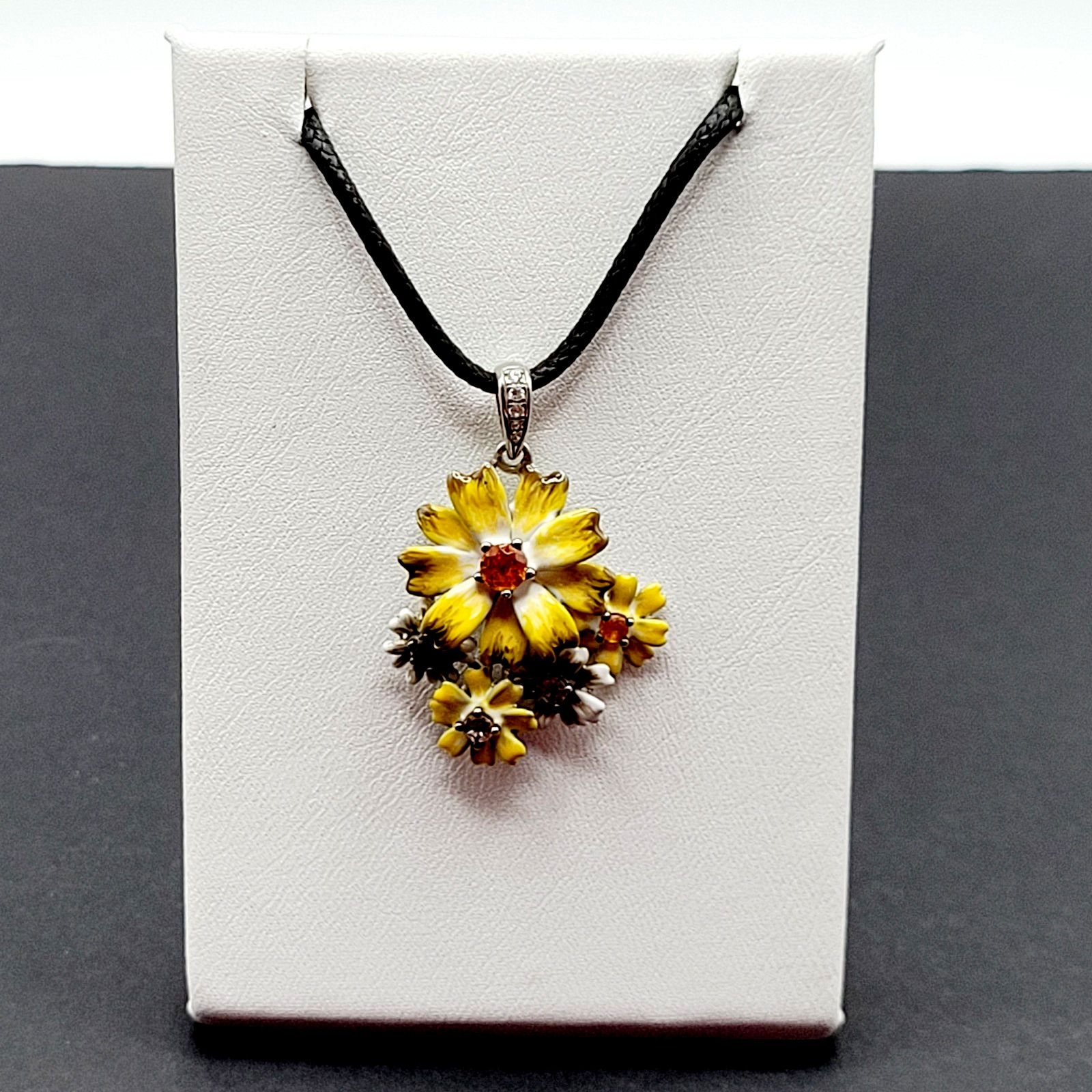 Yellow Flower Floral Bouquet Cluster 925 Pendant Black Cord Necklace 19 Inch