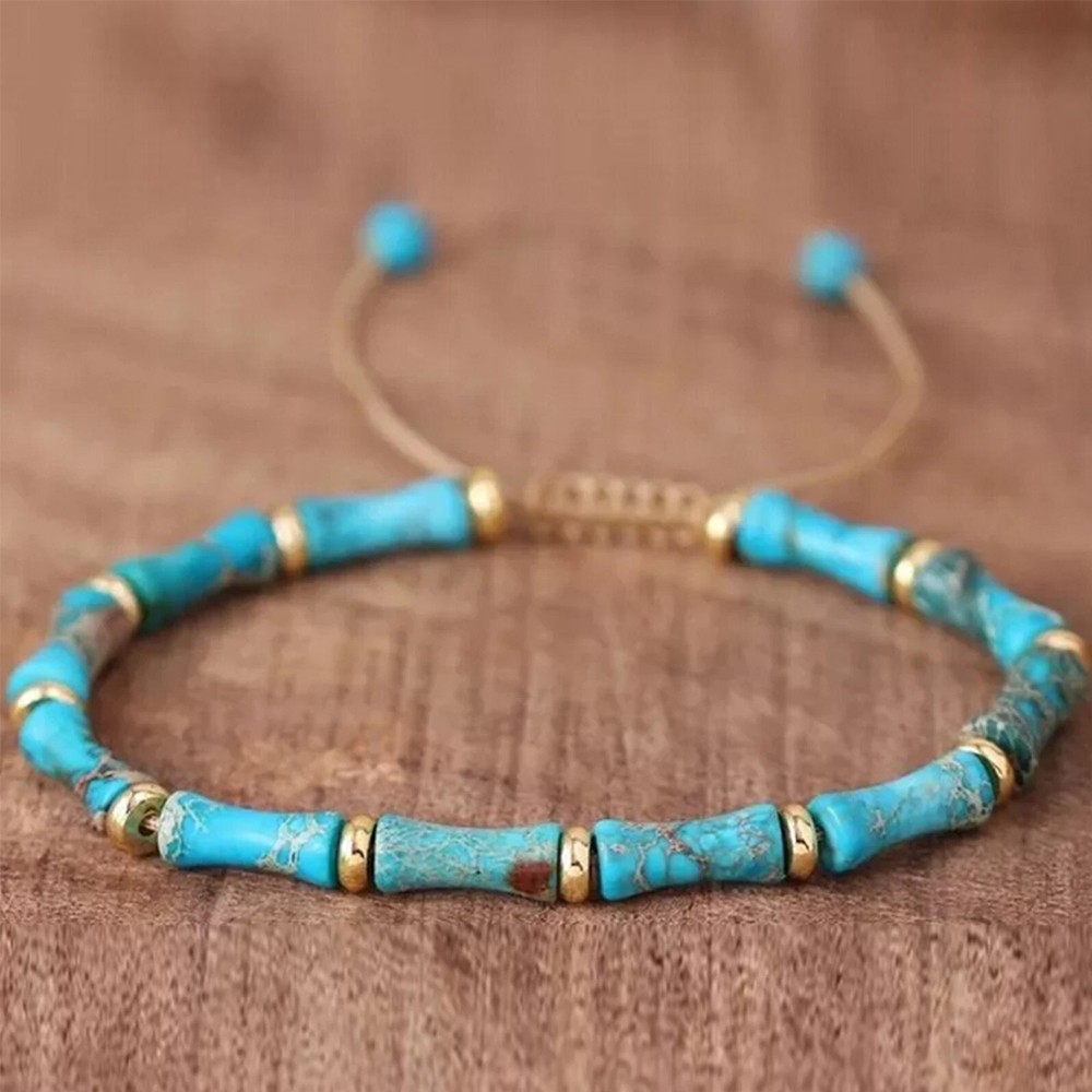 Turquoise Tube Stone Bracelet – Adjustable Natural Gemstone Bead Minimalist BLUE