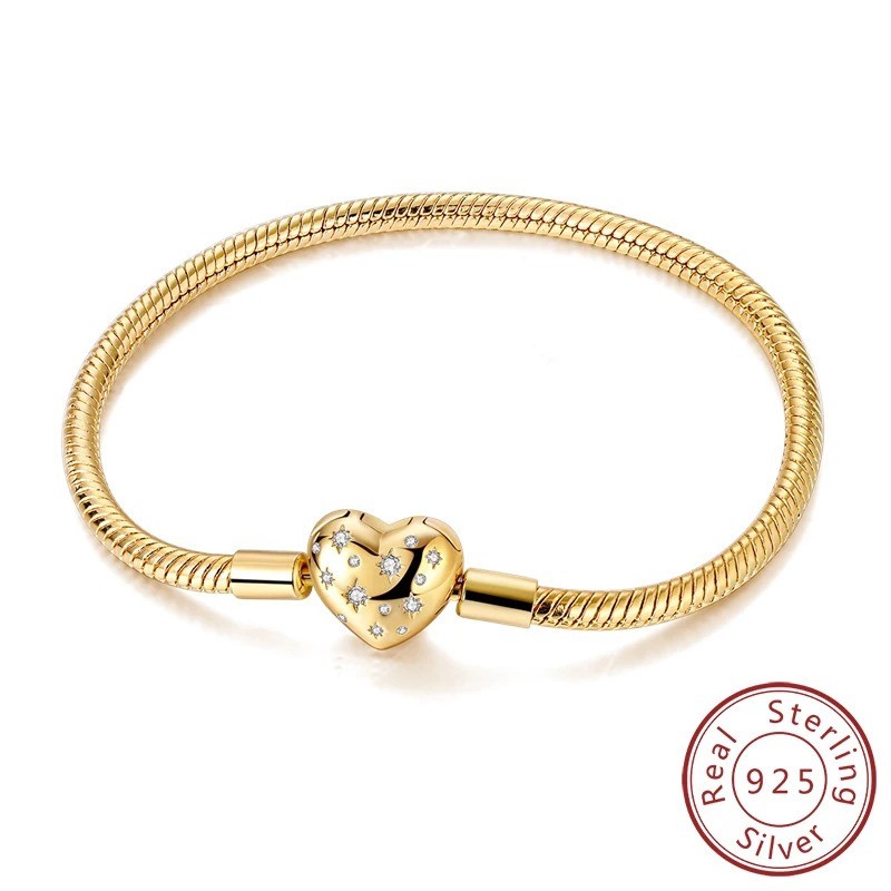 Beautiful Golden Heart Love Bracelet 925 Sterling Silver Women Girls Jewelry