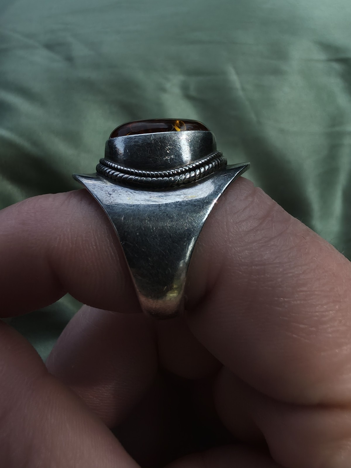 Vintage Silver Bezel Set Oval Amber Cabochon Boho Ring Size 8