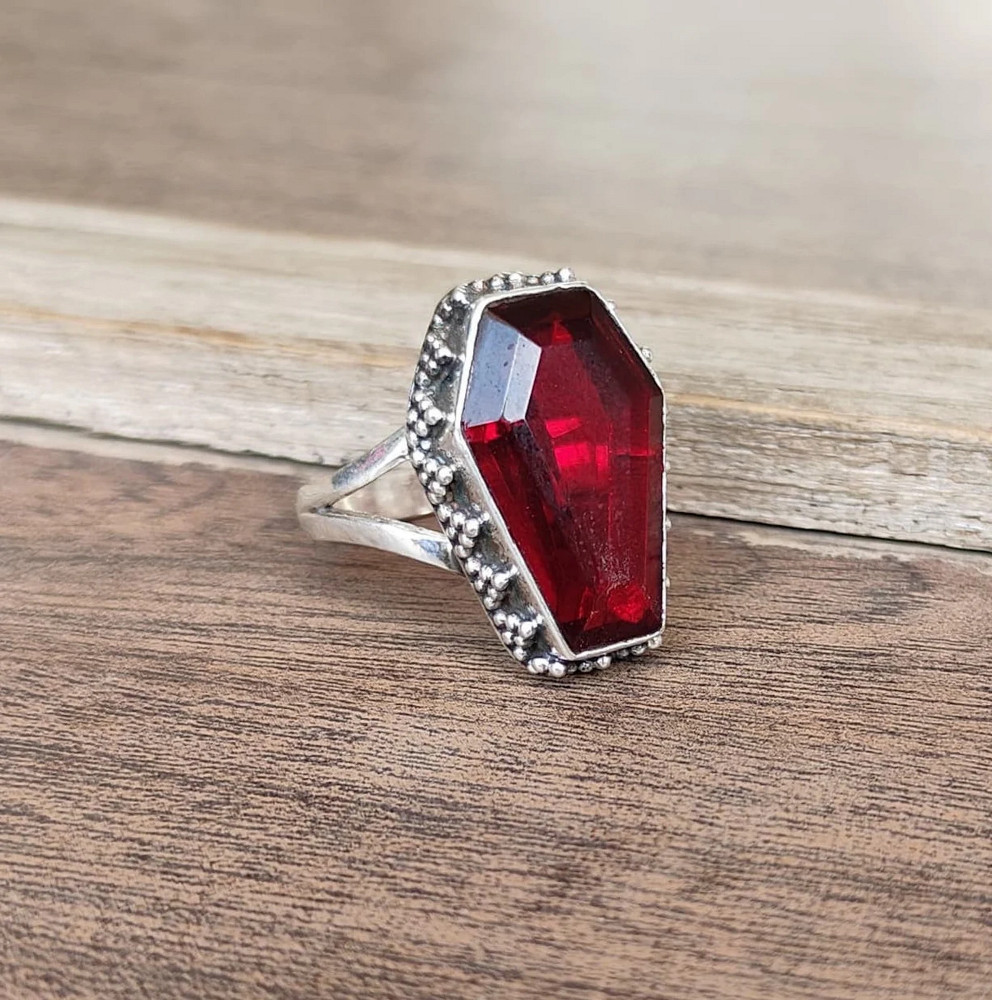 Garnet Coffin Gemstone 925 Sterling Silver Handmade Ring Jewelry All Size D-814