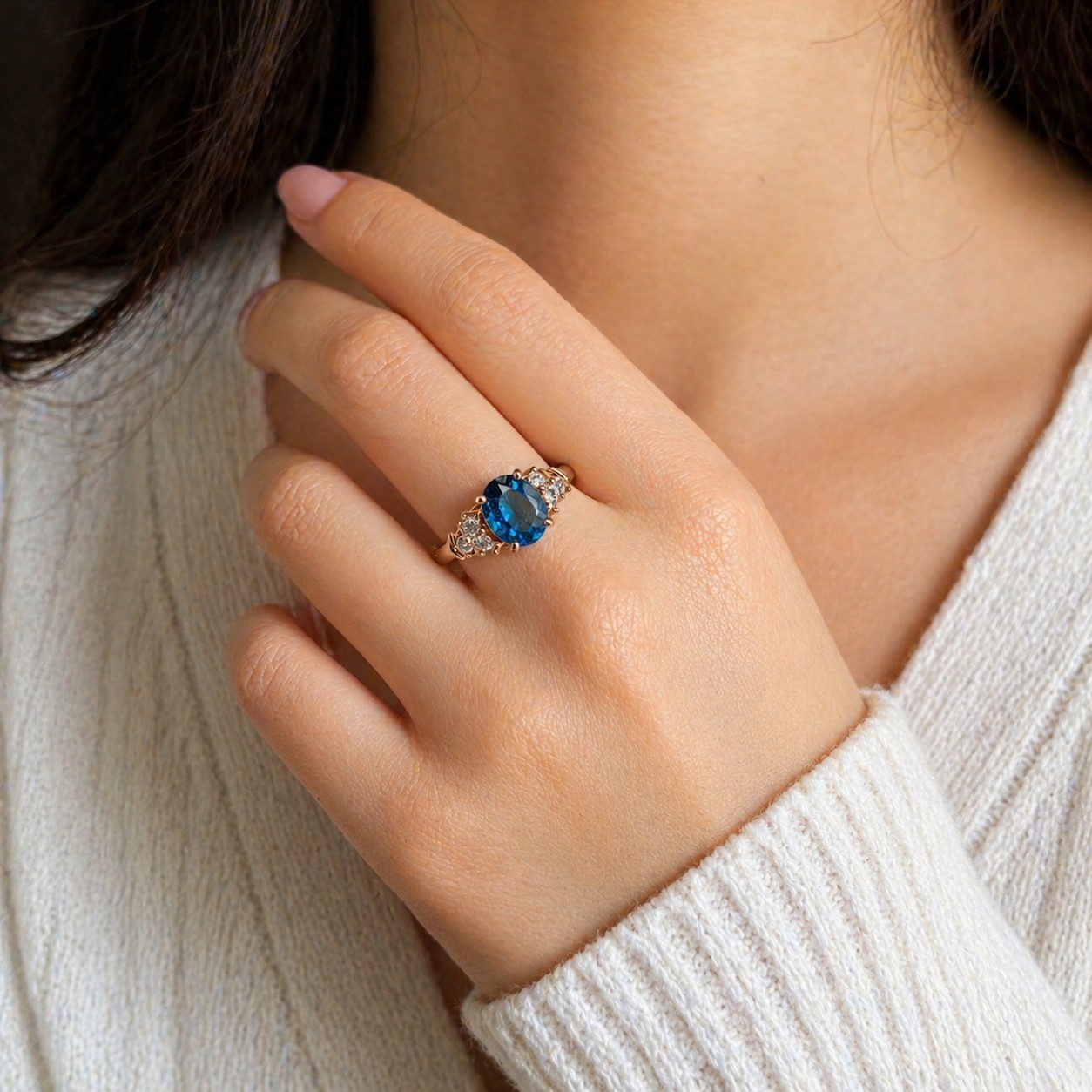 Blue Oval Gemstone Ring – Halo Cluster Setting Rose Gold Tone Size 6
